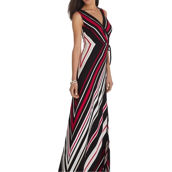 ❣️White House Black Market Black and Red Sleeveless Striped Wrap Maxi Dress - Picture 10 of 11